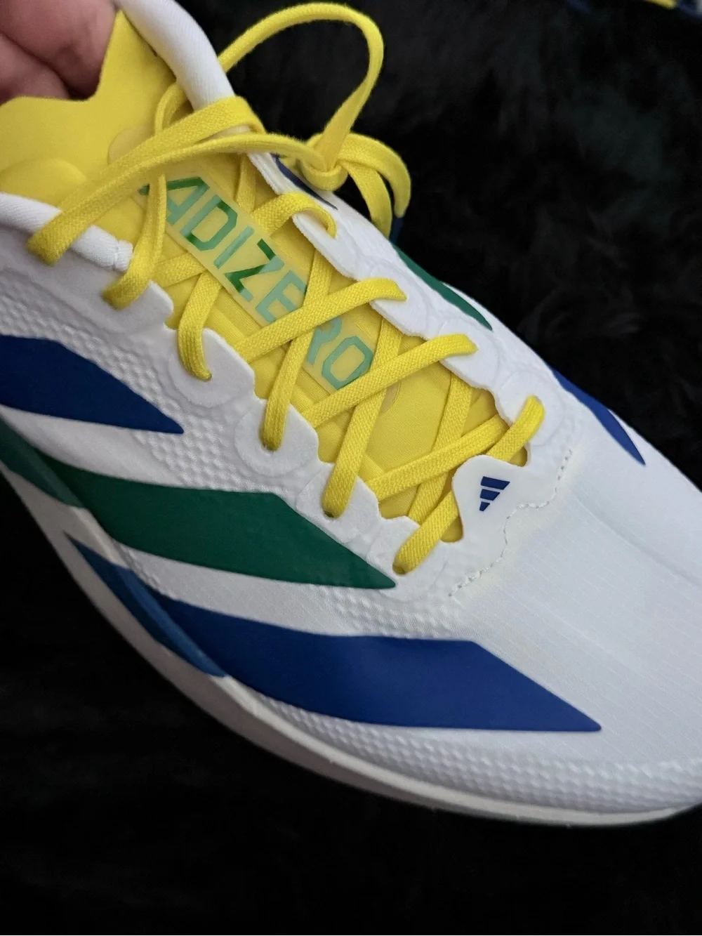 adidas Adizero Men’s White Running Shoes with Blue, Green & Yellow Accents